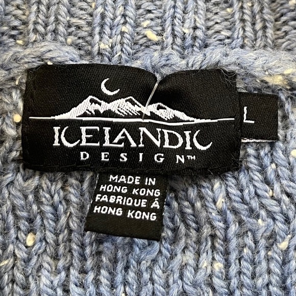 Vintage Icelandic Design Cardigan Sweater Speckle Cableknit Wool Classic Blue L - Picture 8 of 11